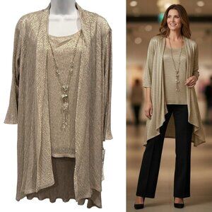 R&M Richards 3 PC Twin Set & Necklace Metallic Champagne Size 12P NEW Event